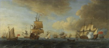 150の主題の芸術作品 Painting - ジョン・クリーブリー・ザ・エルダー 停泊中および帆下で船舶を乗せて砲撃を行う帆下のイギリスのフリゲート艦